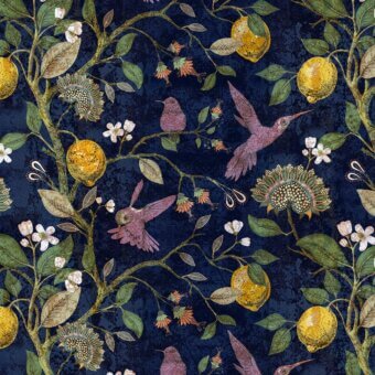 Exquisite Adriani e Rossi Lemons & Birds wallpaper with navy background, golden yellow blossoms and textile base layer