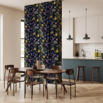 Distinguished Adriani e Rossi Lemons & Birds wallpaper with navy background, cheerful lemons, birds and soft-touch florals crafted in Italy