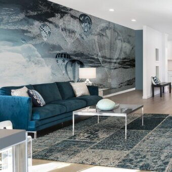 Distinguished Adriani e Rossi Kids wallpaper with large-scale hot air balloon design in calming gray and blue shades crafted with premium fiberglass material and smooth matte finish