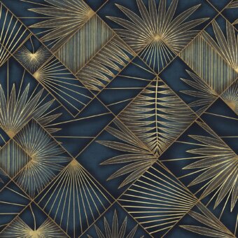 Sophisticated Adriani e Rossi Naturalia wallpaper with geometric golden palm fronds against deep teal fiberglass base and matte finish