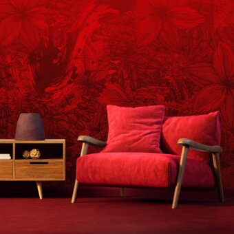 Superior Adriani e Rossi Passion Wallpaper displays crimson floral motifs against a vibrant red background with a durable fiberglass base