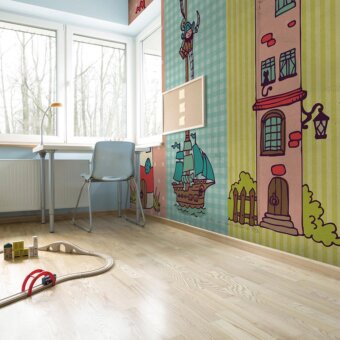 Exclusive Adriani e Rossi Kids wallpaper with illustrative scenes and a cheerful checkered backdrop in pastel colors and fiberglass material with a smooth finish