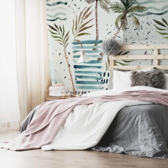 Exceptional Adriani e Rossi Kids wallpaper with watercolor-inspired palm trees and waves in teal and blue against cream, crafted in fiberglass