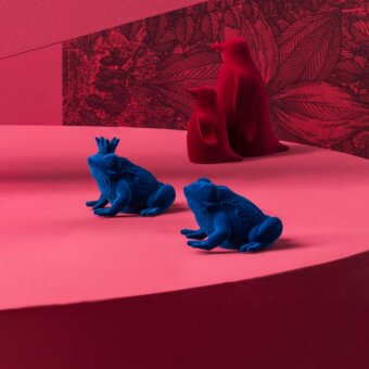 Distinguished Adriani e Rossi Prince & Queen sculpture pair with petrol blue velvet and smooth matte ceramic forms