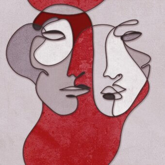 Superior Adriani e Rossi Red Mask wallpaper presents intertwined abstract faces in saturated red with a fiberglass base