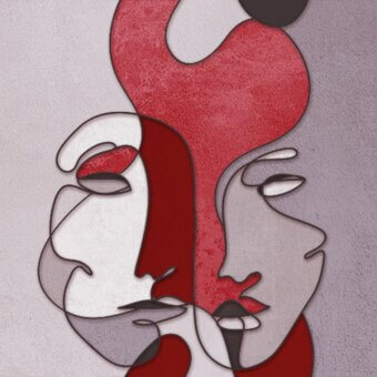 Exceptional Adriani e Rossi Red Mask Wallpaper crafted in Italy with intertwined faces and a premium fiberglass base
