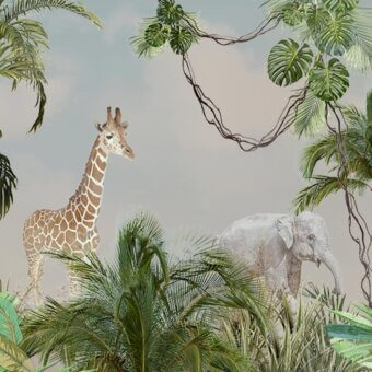 Distinguished Adriani e Rossi Savannah wallpaper with savanna wildlife and foliage in beige to blue gradients and a smooth matte finish