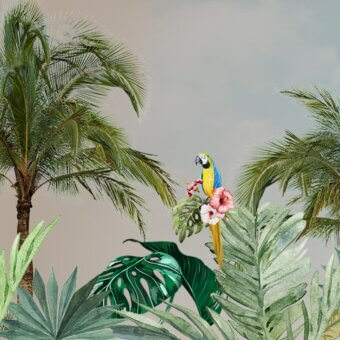 Captivating Adriani e Rossi Savannah wallpaper with tropical motifs and a yellow parrot on a fiberglass base with soft-touch finish