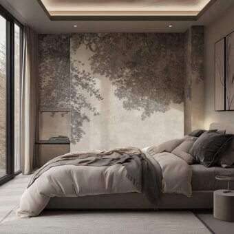 Elegant Adriani e Rossi Shades Nature wallpaper crafted with fiberglass evoking a misty forest in beige and gray tones with a textured matte finish
