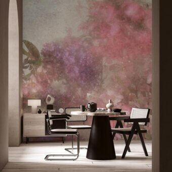 Elegant Adriani e Rossi Souvenir wallpaper with softly blurred floral design in muted pink and purple shades and premium textile finish