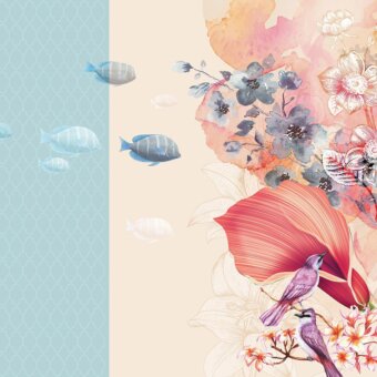 Distinguished Adriani e Rossi Kids Tasmania wallpaper with aquatic and floral motifs in peach, coral, and cream tones, soft-touch finish