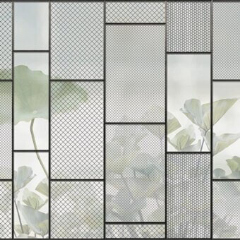 Captivating Adriani e Rossi Views wallpaper presents a geometric grid with muted green and gray tones and ethereal leaf imagery