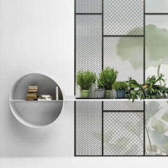 Superior Adriani e Rossi Views // Trame wallpaper with geometric paneling and delicate woven texture in muted gray and pale green foliage