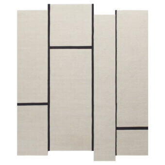 Stunning Amini Campiture rug hand-knotted in India with a neutral beige base and black lines exhibiting a pile loop cut finish