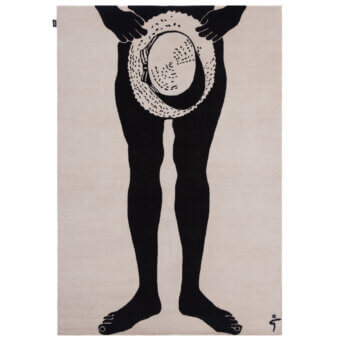 Distinguished Amini Cap rug inspired by René Gruau, hand-knotted in black and ivory New Zealand wool with carved texture