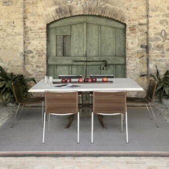 Superior Amini Coco rug with muted grey and warm orange bands hand-woven from recycled PET with a refined finish