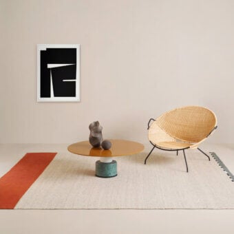Exceptional Amini Khilim rug hand-woven in India from pure wool with geometric design and hand-washed carved texture