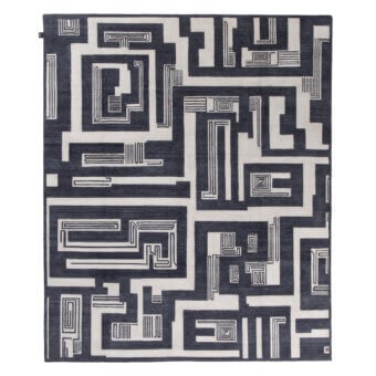 Distinguished Amini Maze rug with a black and ivory labyrinth design hand-knotted in Tibetan wool with a meticulous finish