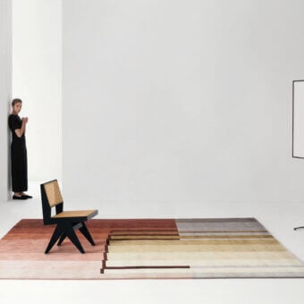 Exceptional Amini RD Braque rug hand-knotted in New Zealand wool with terracotta, beige, and grey layered stripes and hand-washed finish