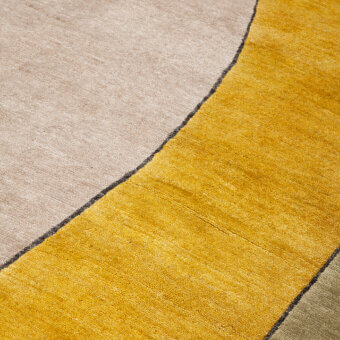 Stunning Amini Ritagli rug with abstract curves in mustard yellow, pale beige and olive green hand-knotted bamboo silk with a hand-washed finish