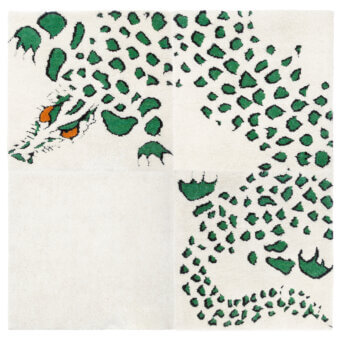 Distinguished Amini Tapidrago rug with a striking dragon motif in green against white, hand-knotted in pure wool with a carved texture