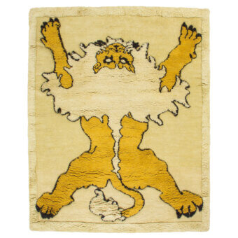 Distinguished Gabetti & Isola Amini Tapileo rug hand-knotted in pure wool with a stylized feline motif against a muted yellow backdrop