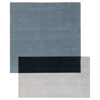 Exceptional Amini Teorema Squares rug crafted in blue and gray wool and tencel with a chiseled two-level pile