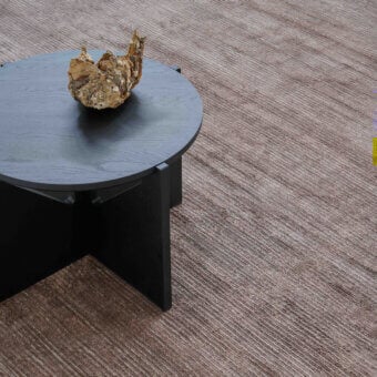 Elegant Amini Twilight rug crafted in muted taupe-silver natural silk and Tibetan wool with loop and cut pile finish