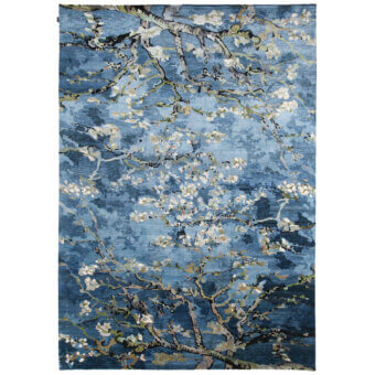 Superior Amini Vincent rug crafted from pure silk in blue and cream tones with hand-knotted blossoming branch depiction and Nepal finish
