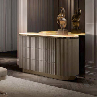 Distinguished DV Home Collection Hollywood Cannetè dresser with luminous steel and radiant marble, crafted in fine leather with cannetè finish