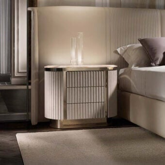 Exceptional DV Home Collection Hollywood Cannetè nightstand with beige leather and luminous steel, crafted with a radiant onyx top and matt lacquer