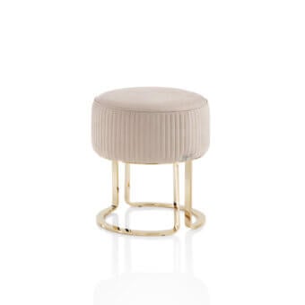 Soho Plus ottoman, beige velvet upholstery, cylindrical shape with pleated top and brushed gold metal curved legs.