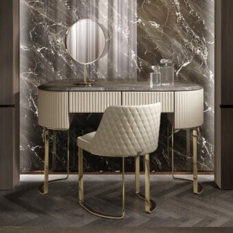 Elegant DV Home Collection Soho vanity with light beige leather upholstery and dark glossy wood drawer fronts