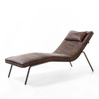 Superior Enrico Pellizzoni Daybed Chaise Lounge crafted in textured leather with a deep brown slender metal frame and subtle distressed detailing