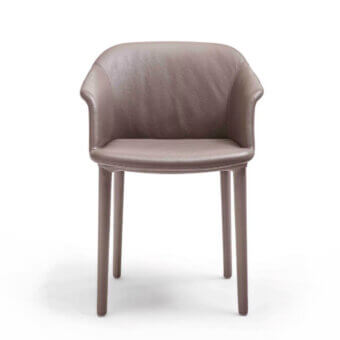 Exceptional Enrico Pellizzoni Eva armchair with sculpted form upholstered in muted taupe smooth leather and fully covered legs