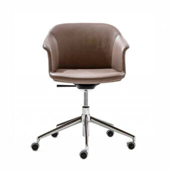 Sophisticated Enrico Pellizzoni Eva armchair with sleek polyurethane form, top-grain leather upholstery and satin finish metal base