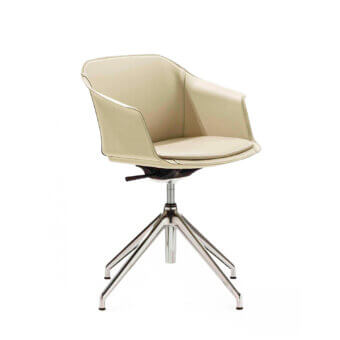 Elegant Enrico Pellizzoni Eva armchair with pale beige top-grain leather upholstery and polished silver metal base