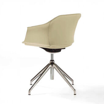 Exceptional Enrico Pellizzoni Eva armchair upholstered in pale beige fabric with a satin silver metal base and gentle curves