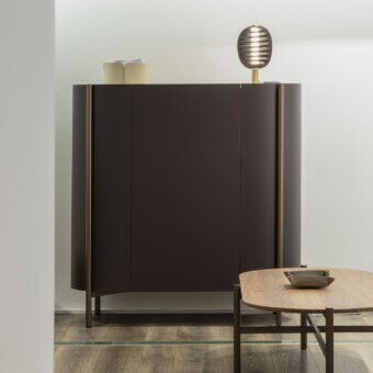 Exceptional Enrico Pellizzoni Iris cupboard crafted with leather and wood in deep brown with a matte finish