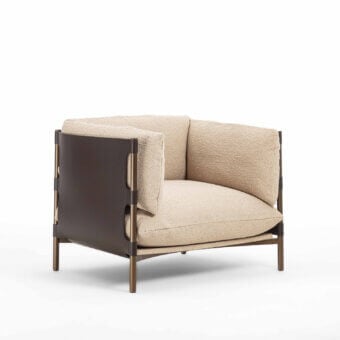 Refined Enrico Pellizzoni Iris lounge chair with sleek tubular metal and soft leather cushions in a creamy beige palette with satin finish