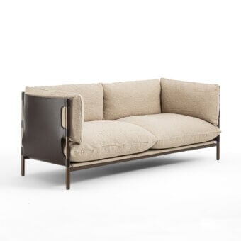 Superior Enrico Pellizzoni Iris sofa with neutral beige bouclé upholstery and dark brown leather wrapped armrests