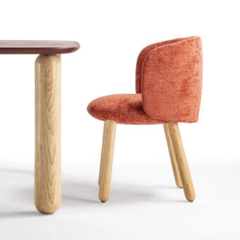 Superior Enrico Pellizzoni Isabel chair with terracotta textile upholstery and natural ash finished, turned legs