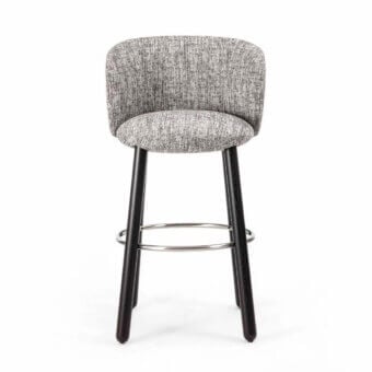 Elegant Enrico Pellizzoni Isabel stool with curved form in mottled gray textile and dark Canaletto walnut with satin finish