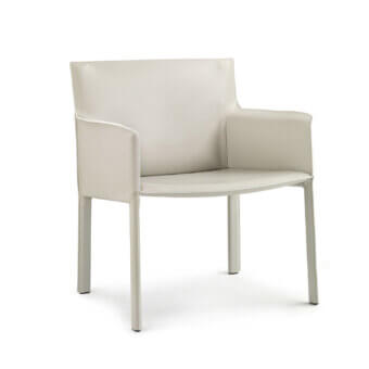 Superior Enrico Pellizzoni Pasqualina lounge chair with neutral beige leather upholstery and precise visible stitching