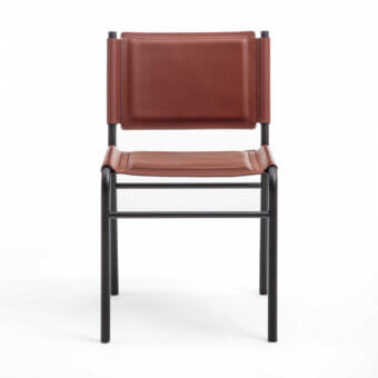 Superior Enrico Pellizzoni Pris chair with painted tubular metal frame and reddish-brown leather upholstery crafted with visible stitching