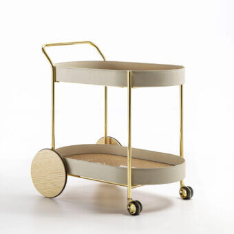 Elegant Enrico Pellizzoni Route Trolley with woven olive-green shelves and satin brass painted tubular metal structure