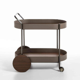 Distinguished Enrico Pellizzoni Route Trolley crafted with taupe tubular metal and medium-brown wood shelves with a smooth finish