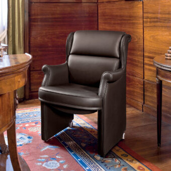 Distinguished Mascheroni Giubileo V office armchair with dark brown leather upholstery and satin finish built with wood briar structure