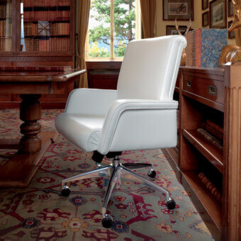 Superior Mascheroni Ypsilon office armchair upholstered in textured white textile with polished silver metallic base