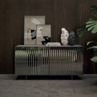 Superior Ozzio Italia Alfetta sideboard with geometrically patterned glass doors and fumé tone glossy finish